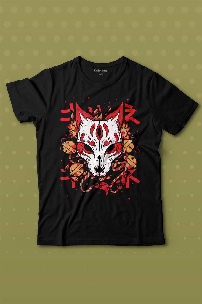 Kitsune Mask Japanese Japon Kültür Baskılı Çocuk Tişört Siyah