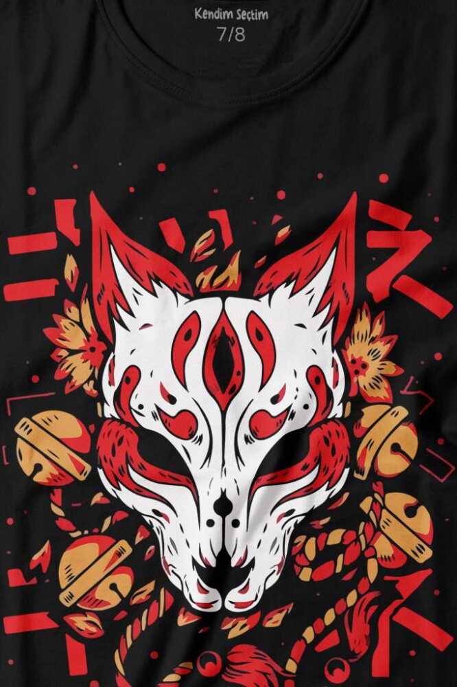 Kitsune Mask Japanese Japon Kültür Baskılı Çocuk Tişört Siyah (1)