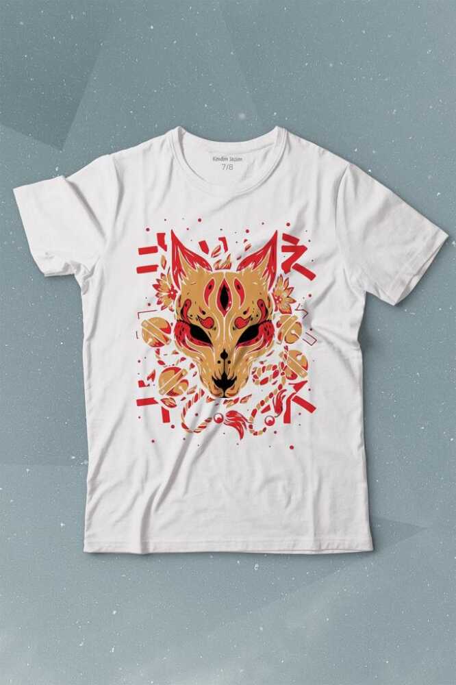 Kitsune Mask Japanese Japon Kültür Baskılı Çocuk Tişört Beyaz