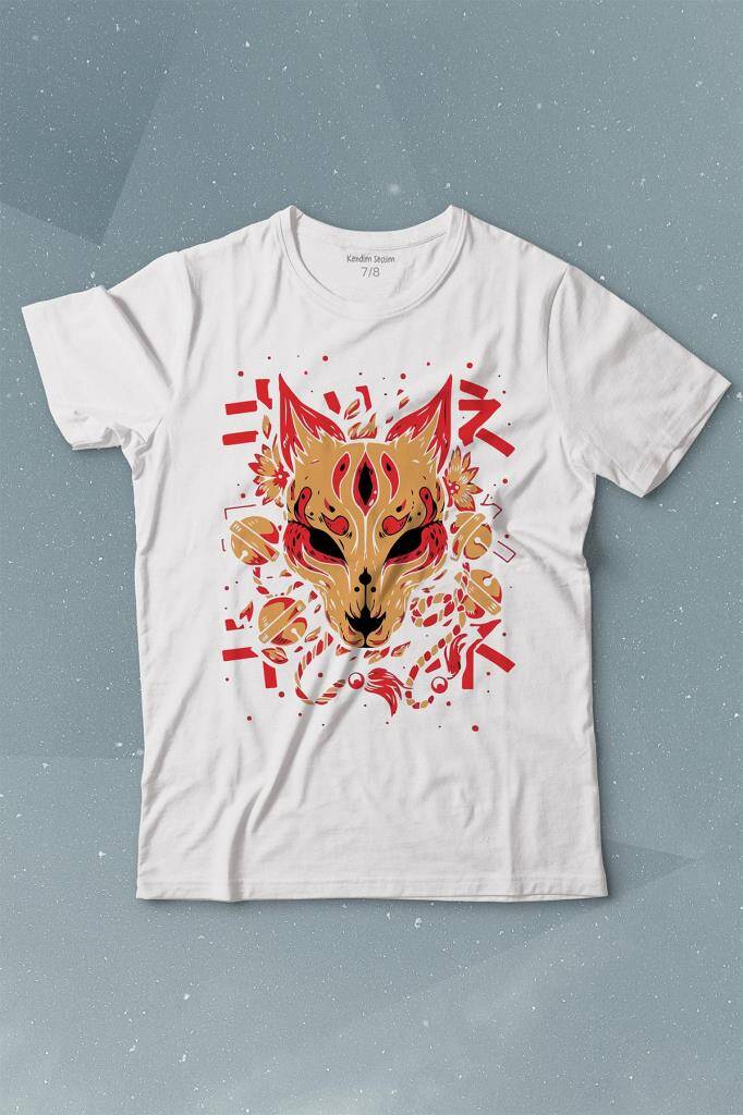 Kitsune Mask Japanese Japon Kültür Baskılı Çocuk Tişört Beyaz