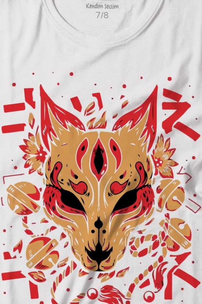 Kitsune Mask Japanese Japon Kültür Baskılı Çocuk Tişört Beyaz (1)