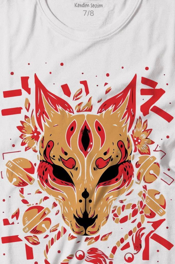 Kitsune Mask Japanese Japon Kültür Baskılı Çocuk Tişört Beyaz (1)