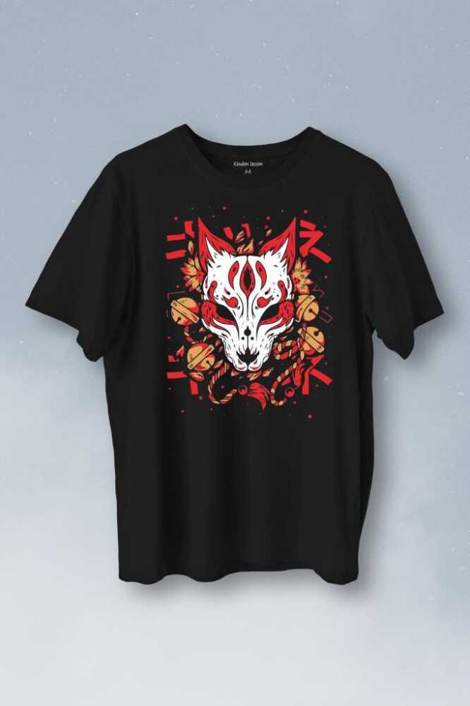 Kitsune Mask Japanese Japon Kültür Baskılı Siyah Tişört Unisex