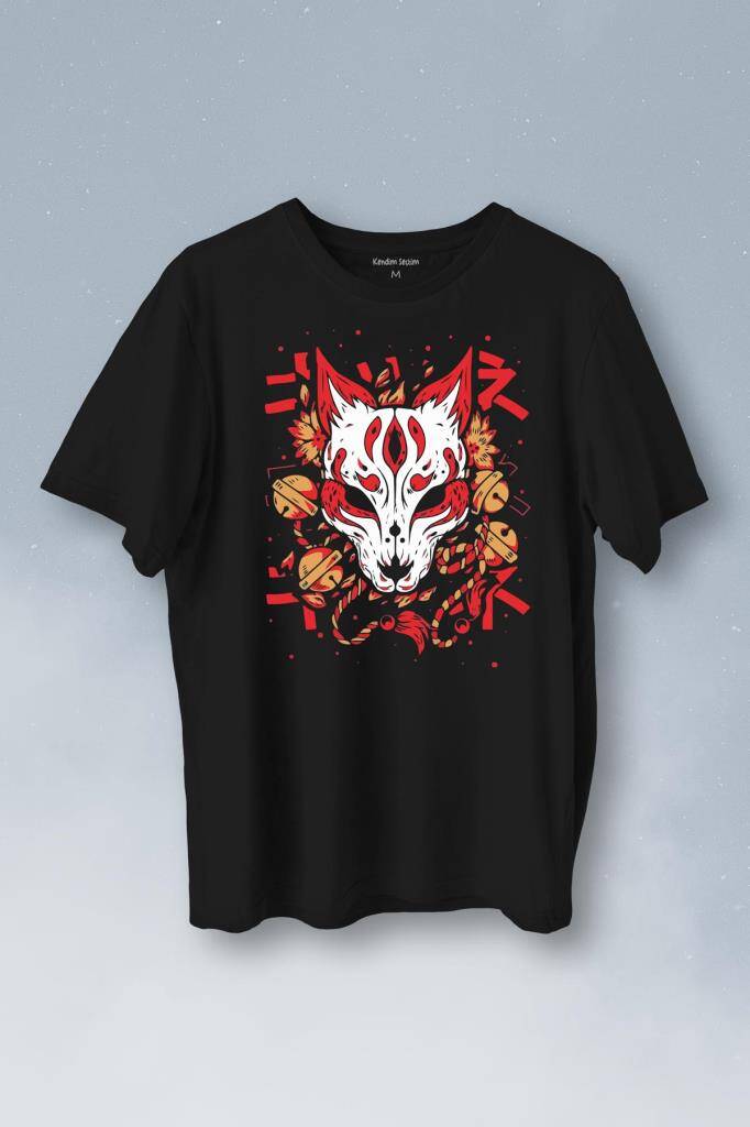 Kitsune Mask Japanese Japon Kültür Baskılı Siyah Tişört Unisex