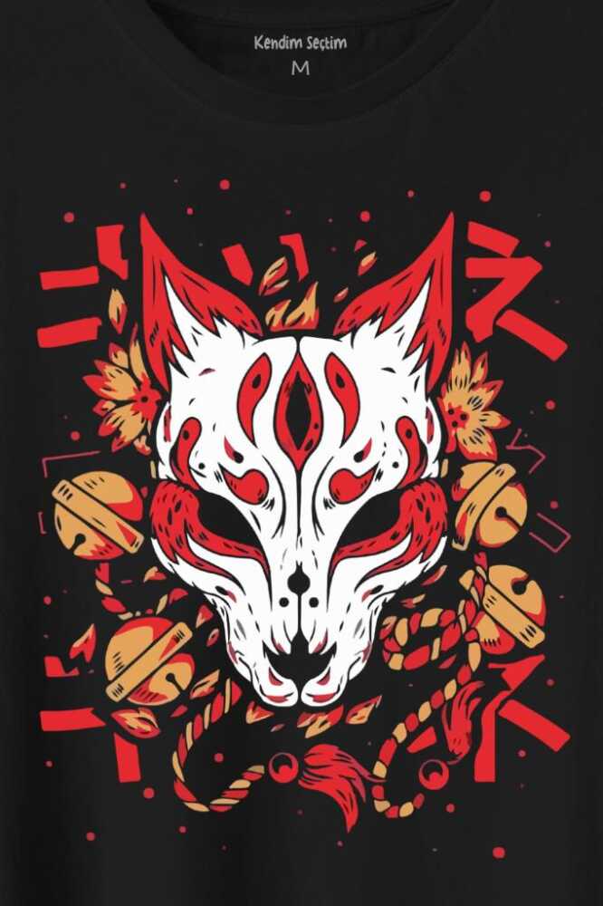 Kitsune Mask Japanese Japon Kültür Baskılı Siyah Tişört Unisex (1)
