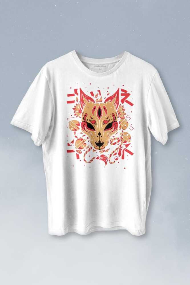 Kitsune Mask Japanese Japon Kültür Baskılı Beyaz Tişört Unisex