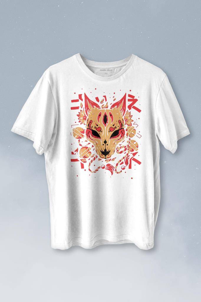 Kitsune Mask Japanese Japon Kültür Baskılı Beyaz Tişört Unisex