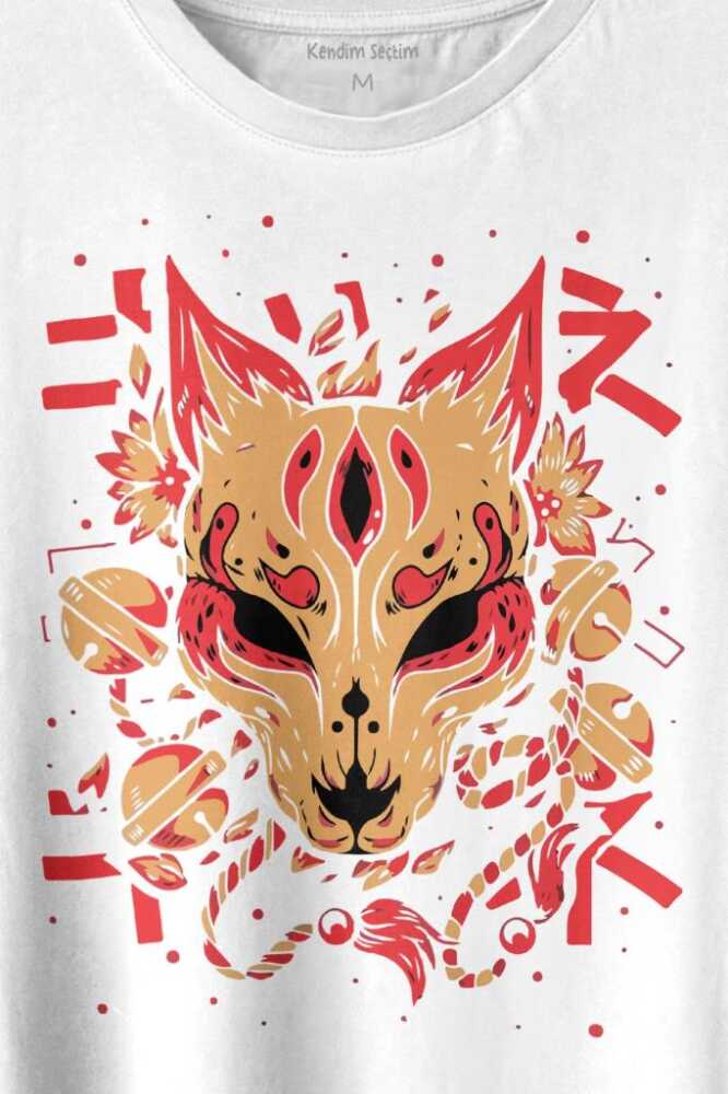Kitsune Mask Japanese Japon Kültür Baskılı Beyaz Tişört Unisex (1)