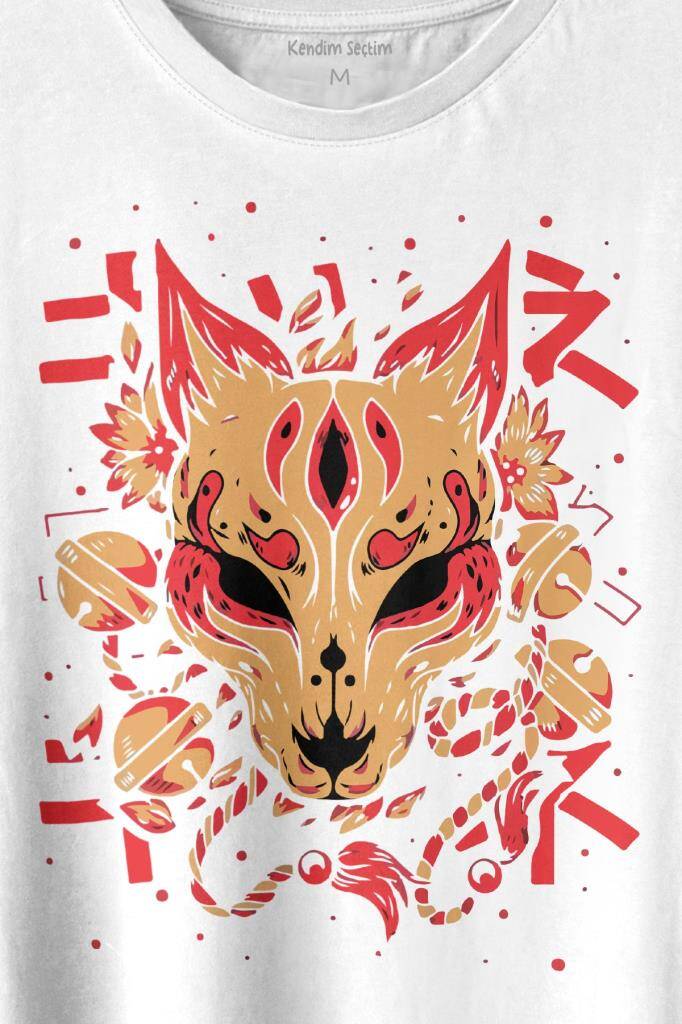 Kitsune Mask Japanese Japon Kültür Baskılı Beyaz Tişört Unisex (1)