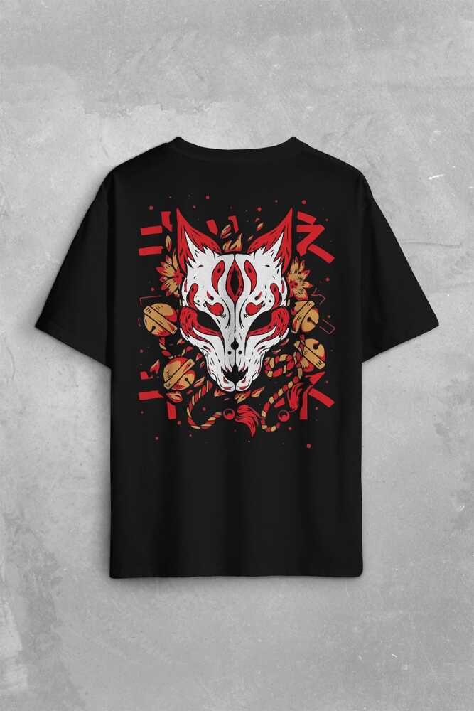 Kitsune Mask Japanese Japon Kültür Sırt Ön Baskılı Oversize Tişört Unisex (1)