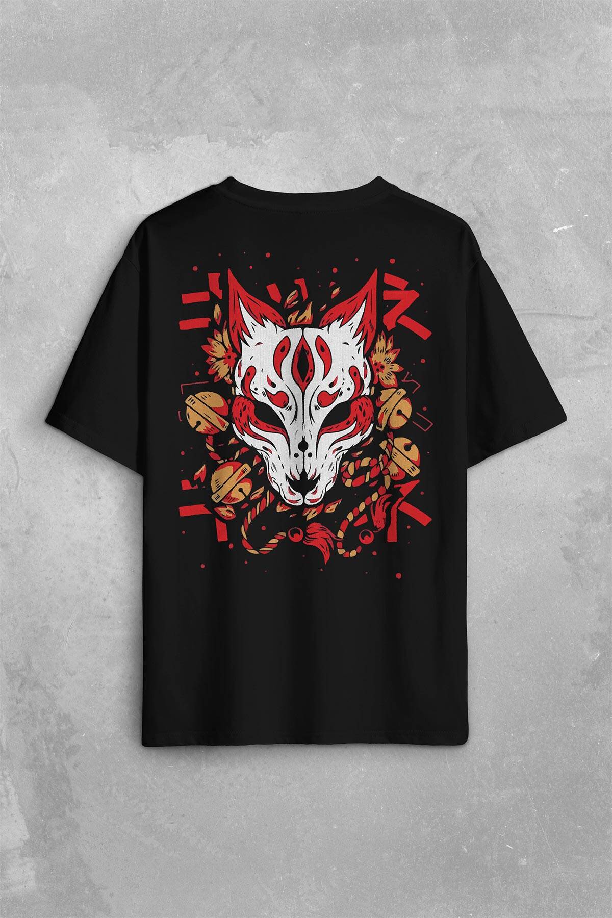 Kitsune Mask Japanese Japon Kültür Sırt Ön Baskılı Oversize Tişört Unisex - 2