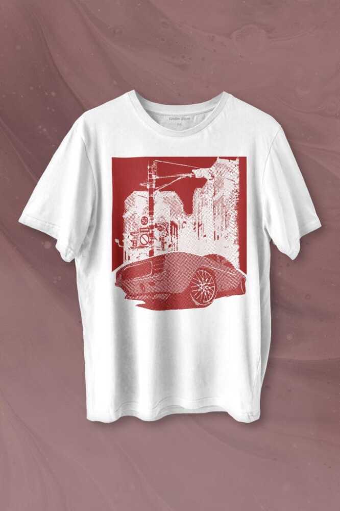 Klasik Araba Retro Vintage Classic Car Motor Baskılı Beyaz Tişört Unisex