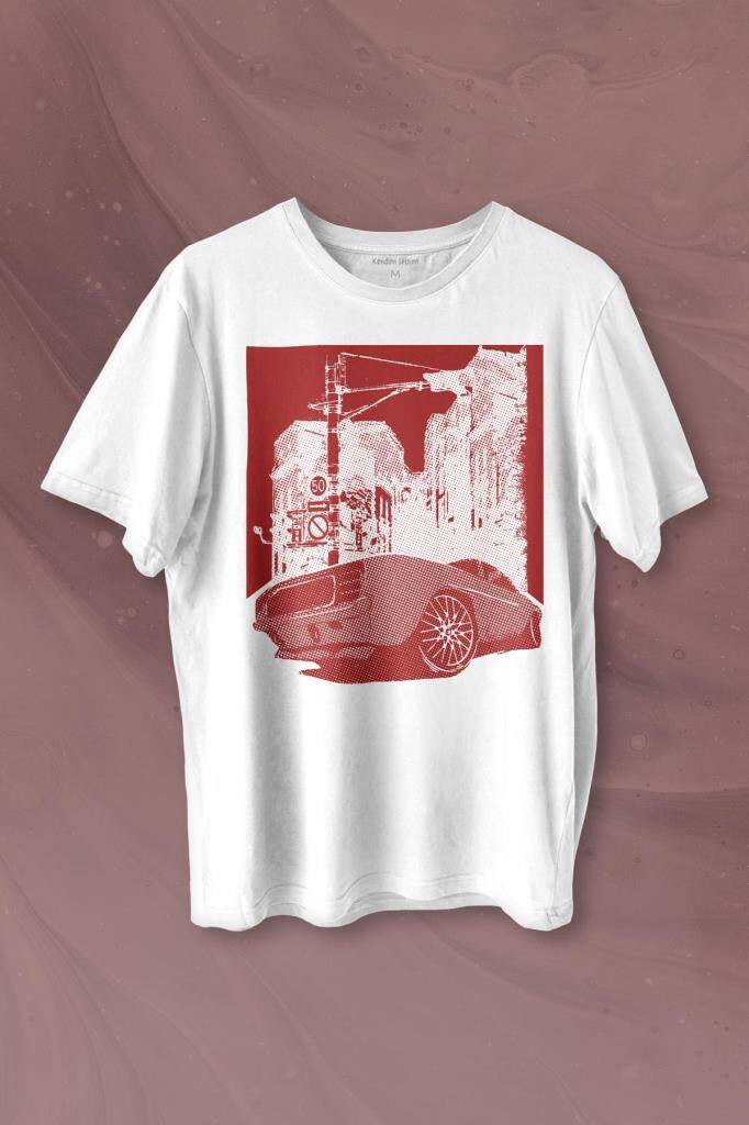 Klasik Araba Retro Vintage Classic Car Motor Baskılı Beyaz Tişört Unisex