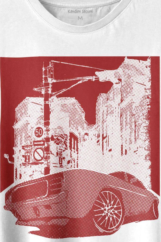 Klasik Araba Retro Vintage Classic Car Motor Baskılı Beyaz Tişört Unisex (1)