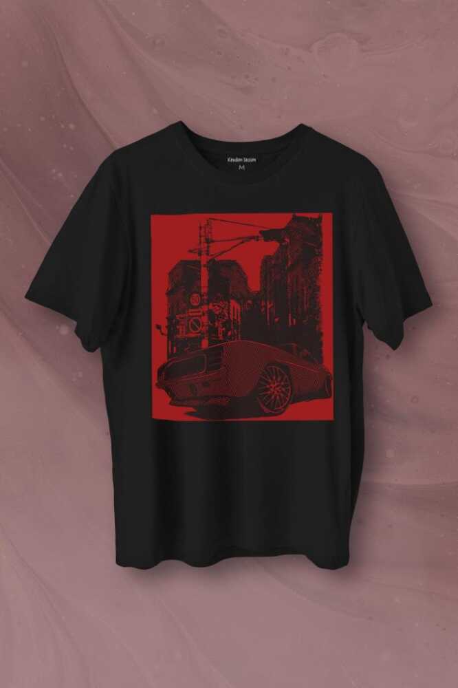 Klasik Araba Retro Vintage Classic Car Motor Baskılı Siyah Tişört Unisex