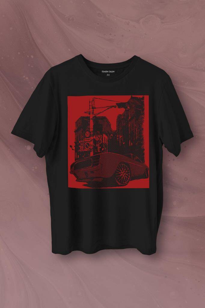 Klasik Araba Retro Vintage Classic Car Motor Baskılı Siyah Tişört Unisex