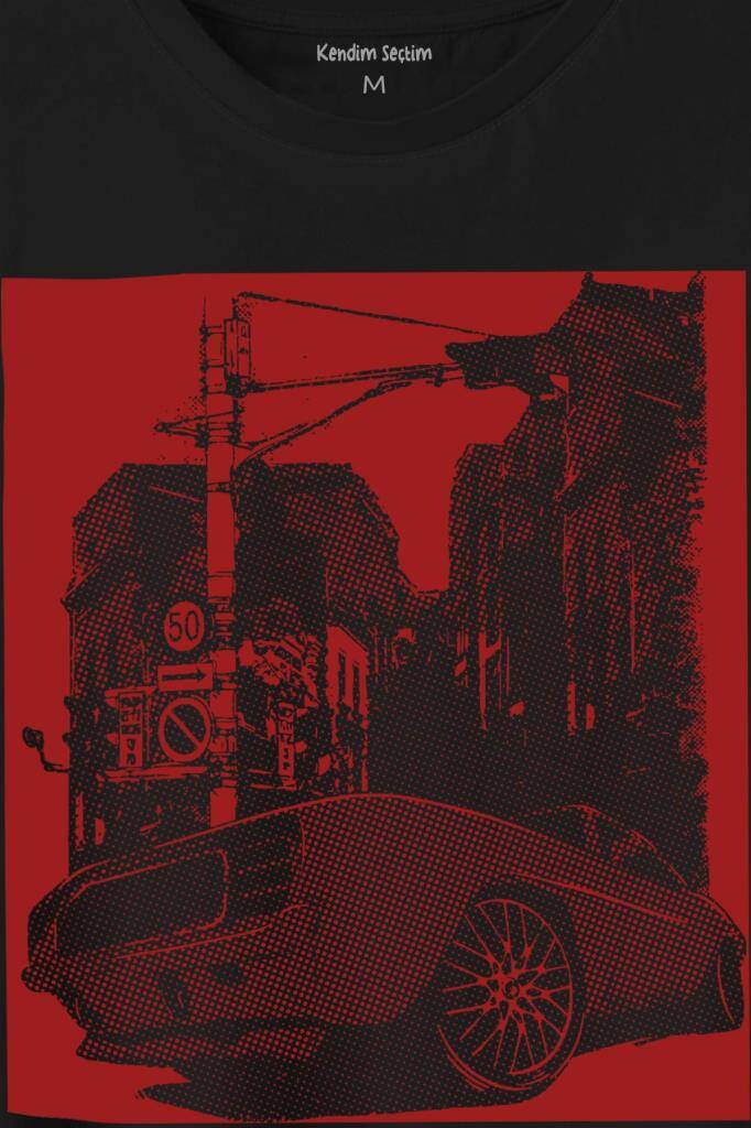 Klasik Araba Retro Vintage Classic Car Motor Baskılı Siyah Tişört Unisex (1)