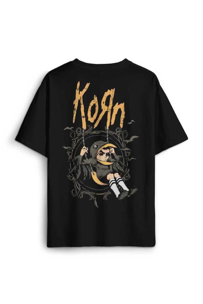 Korn Metal Rock Müzik Sırt Ön Baskılı Siyah Oversize Tişört Unisex