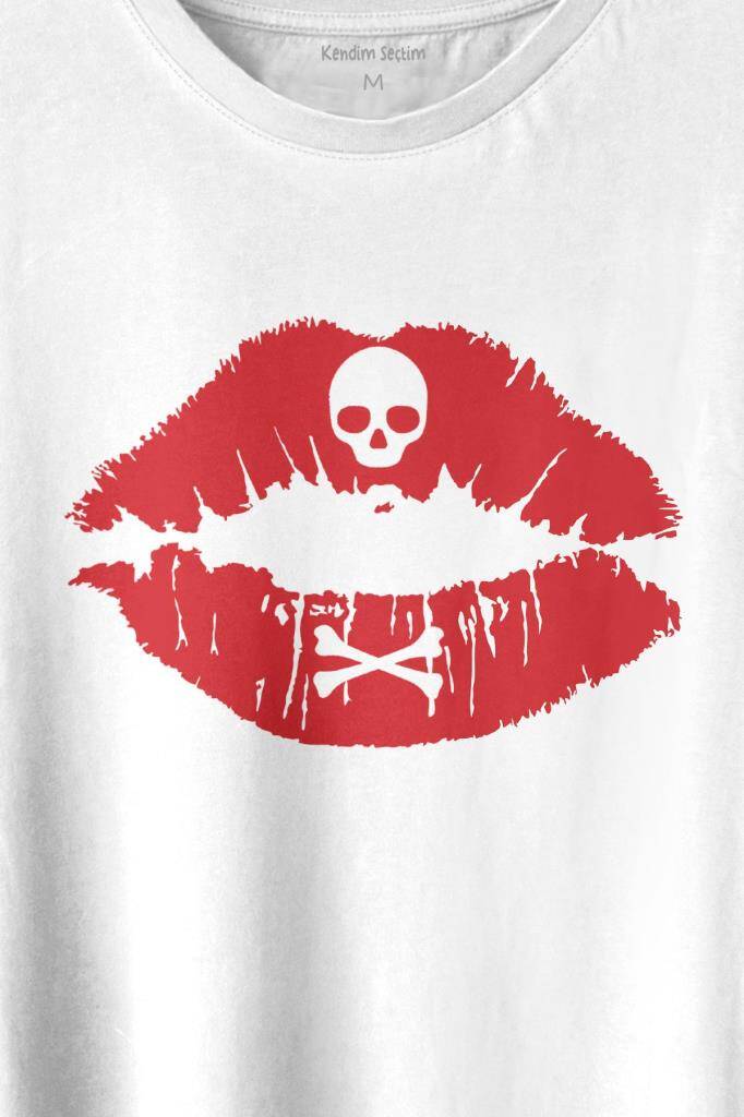 Korsan Skull Kuru Kafa Dudak Öpücük Kiss Me Baskılı Tişört Unisex T-shirt (1)