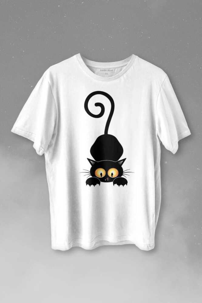 Küçük Sevimli Yavru Siyah Kedi Düşünceli Hayvan Baskılı Beyaz Tişört Unisex