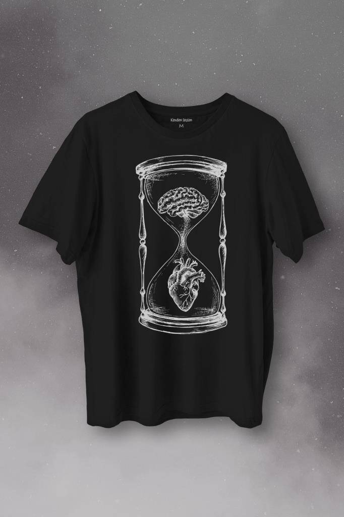 Kum Saati Kalp Beyin Aşk Mantık Baskılı Siyah Tişört Unisex