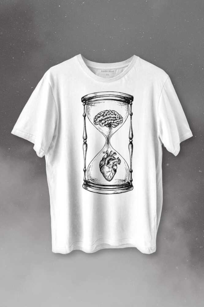 Kum Saati Kalp Beyin Aşk Mantık Baskılı Beyaz Tişört Unisex