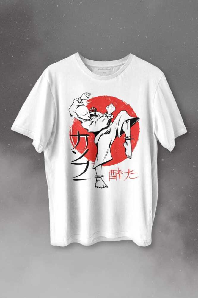 Kung Fu Uzak Doğu Spor Japonca Japanese Baskılı Beyaz Tişört Unisex