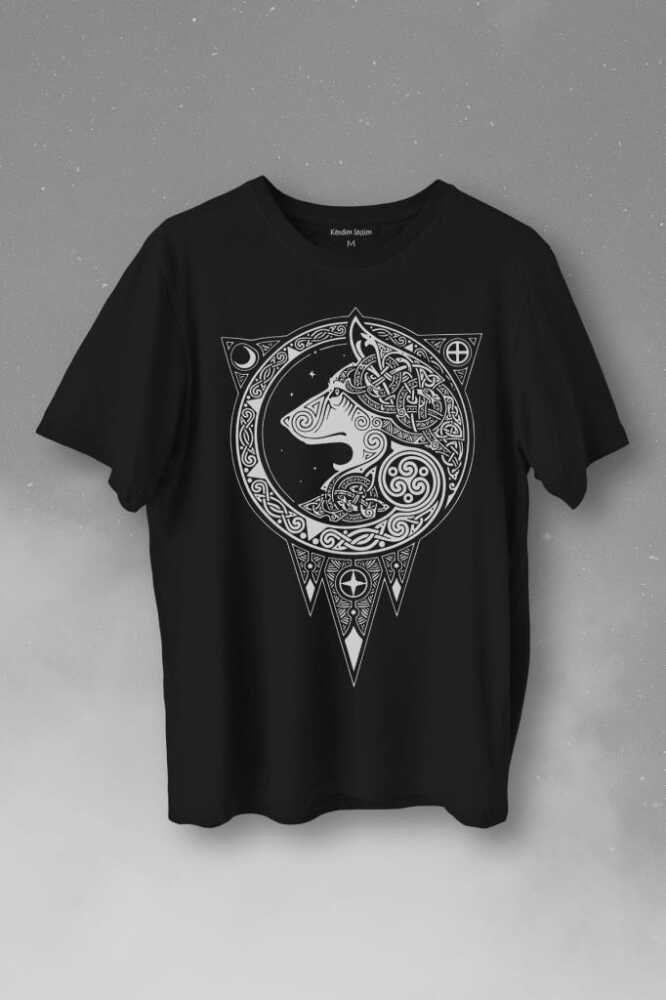 Kurt İşlemeli Dövme Wolf Silueti Baskılı Siyah Tişört Unisex