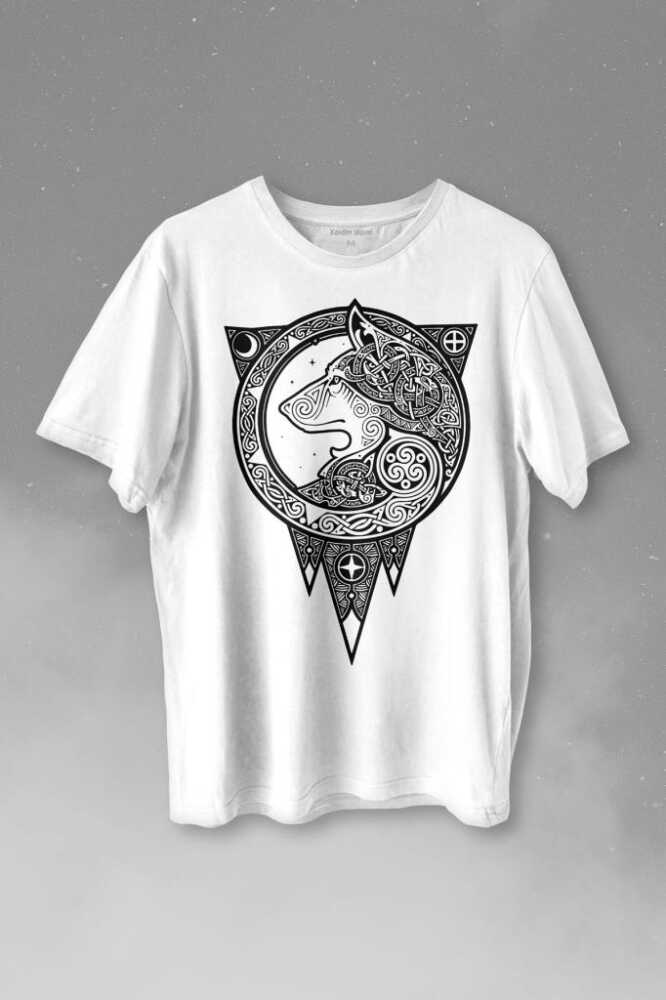 Kurt İşlemeli Dövme Wolf Silueti Baskılı Beyaz Tişört Unisex