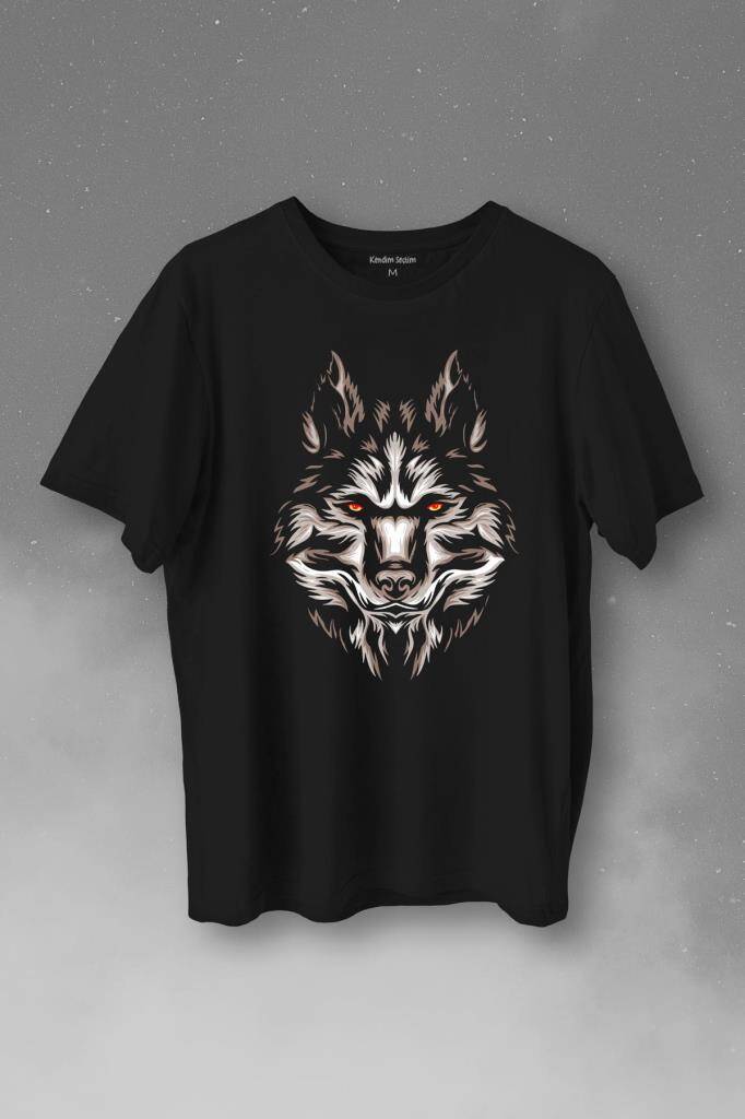Kurt Kafası Wolf Head Bozkurt Kırmızı Gözlü Baskılı Siyah Tişört Unisex