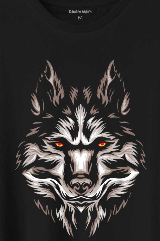 Kurt Kafası Wolf Head Bozkurt Kırmızı Gözlü Baskılı Siyah Tişört Unisex (1)