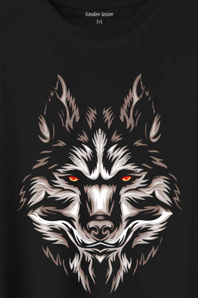 Kurt Kafası Wolf Head Bozkurt Kırmızı Gözlü Baskılı Siyah Tişört Unisex (1)