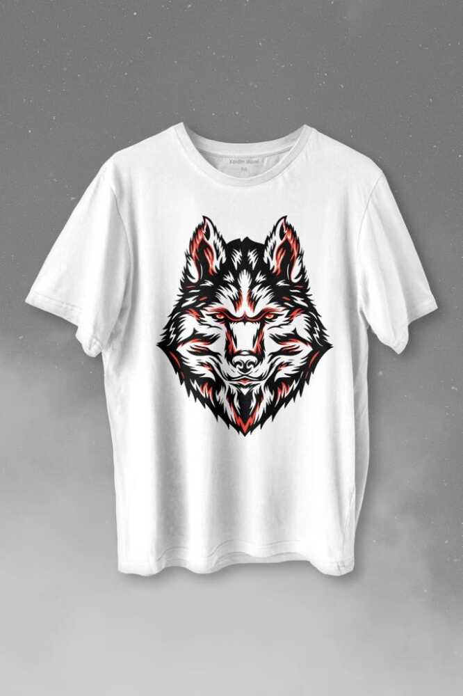 Kurt Kafası Wolf Head Bozkurt Kırmızı Gözlü Baskılı Beyaz Tişört Unisex