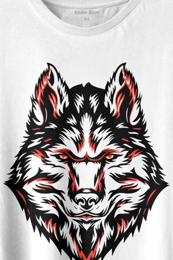Kurt Kafası Wolf Head Bozkurt Kırmızı Gözlü Baskılı Beyaz Tişört Unisex (1)