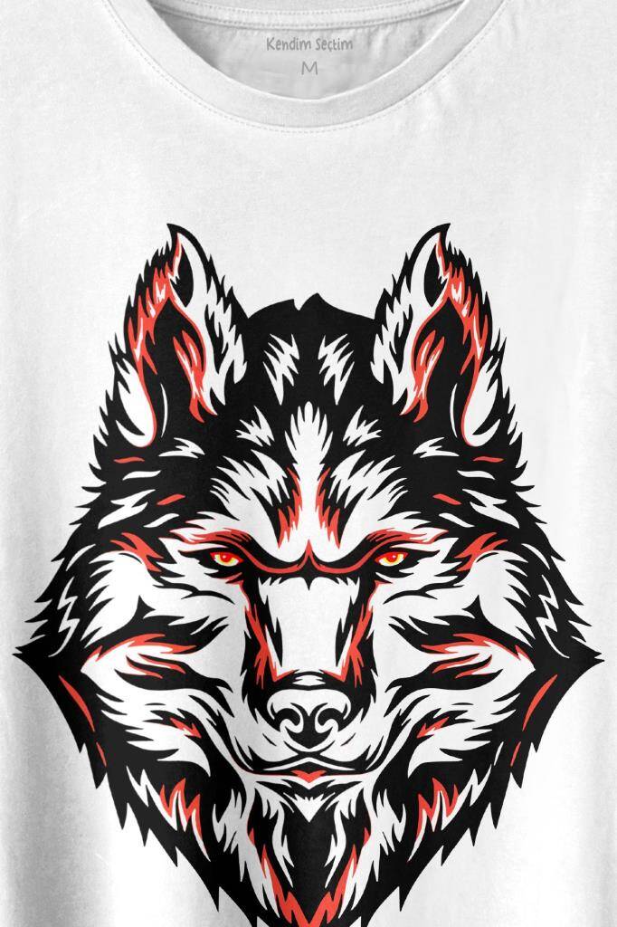 Kurt Kafası Wolf Head Bozkurt Kırmızı Gözlü Baskılı Beyaz Tişört Unisex (1)