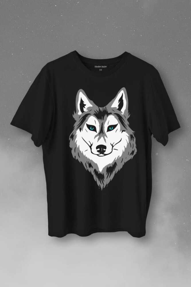 Kurt Kafası Wolf Head Bozkurt Yeşil Gözlü Baskılı Siyah Tişört Unisex