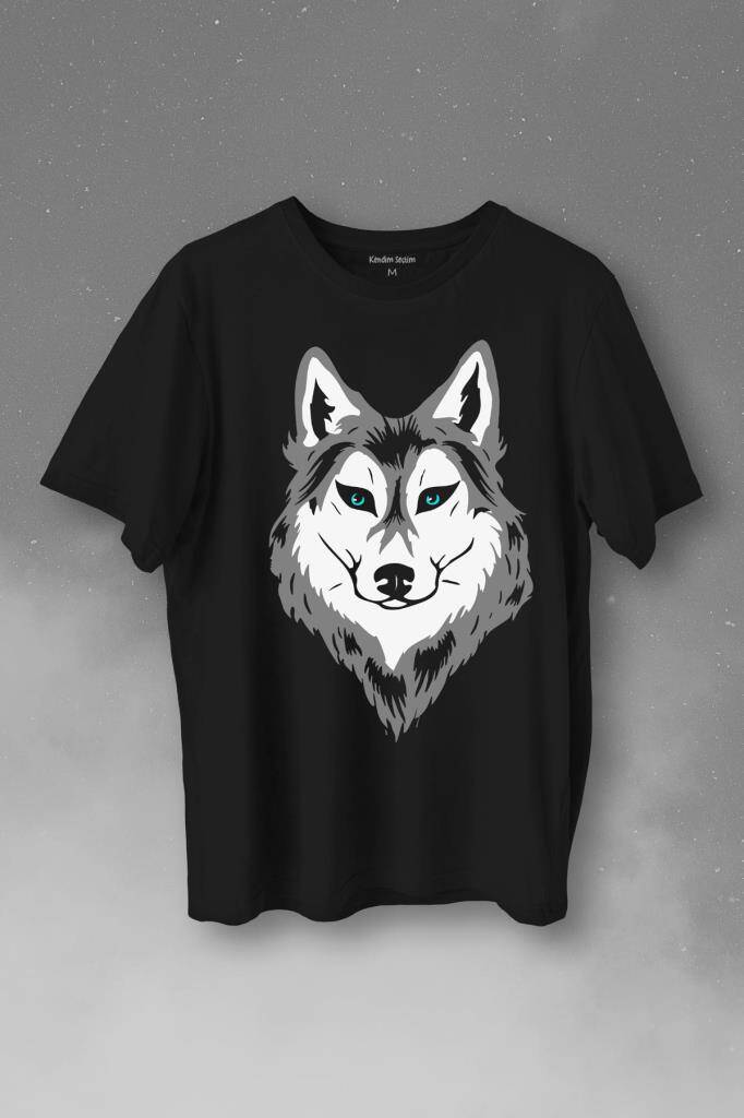 Kurt Kafası Wolf Head Bozkurt Yeşil Gözlü Baskılı Siyah Tişört Unisex