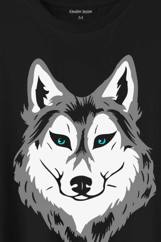 Kurt Kafası Wolf Head Bozkurt Yeşil Gözlü Baskılı Siyah Tişört Unisex (1)