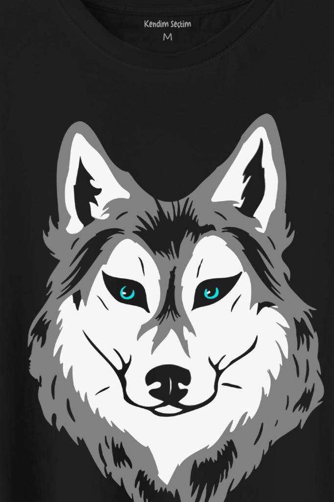 Kurt Kafası Wolf Head Bozkurt Yeşil Gözlü Baskılı Siyah Tişört Unisex (1)
