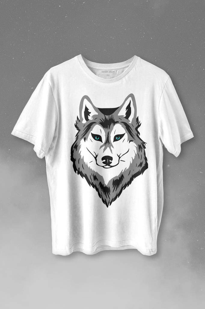Kurt Kafası Wolf Head Bozkurt Yeşil Gözlü Baskılı Beyaz Tişört Unisex