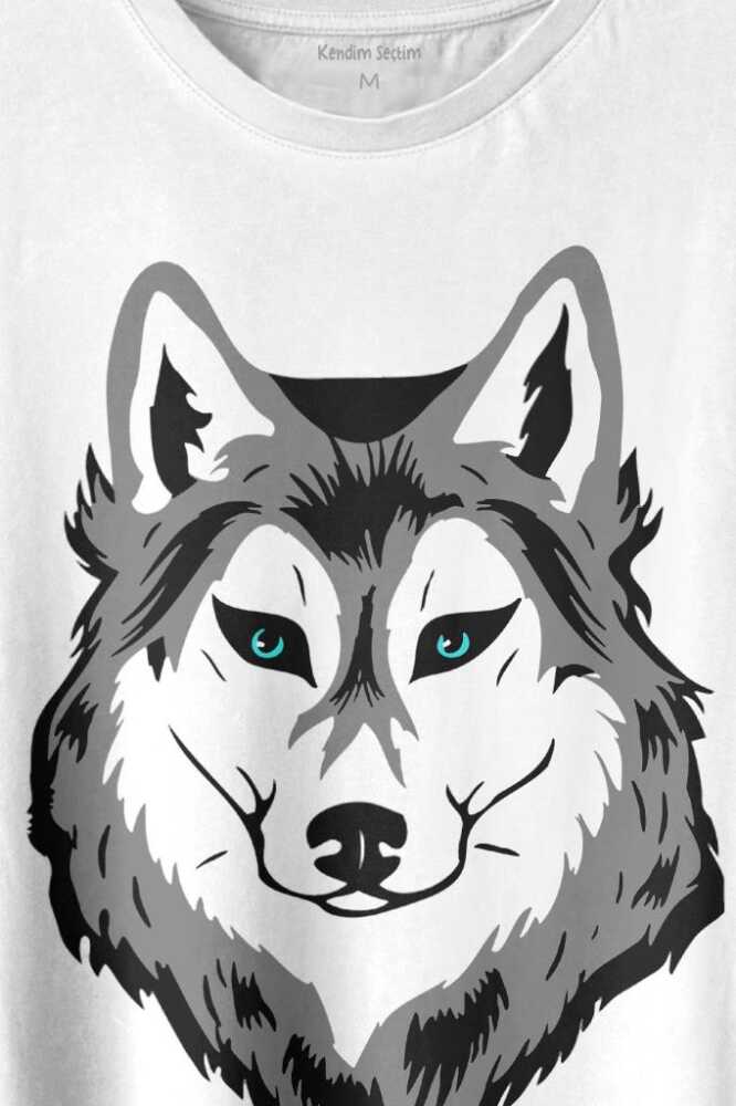 Kurt Kafası Wolf Head Bozkurt Yeşil Gözlü Baskılı Beyaz Tişört Unisex (1)