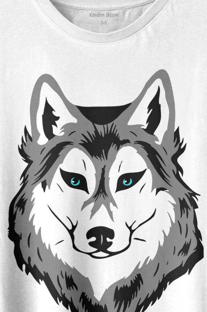Kurt Kafası Wolf Head Bozkurt Yeşil Gözlü Baskılı Beyaz Tişört Unisex (1)