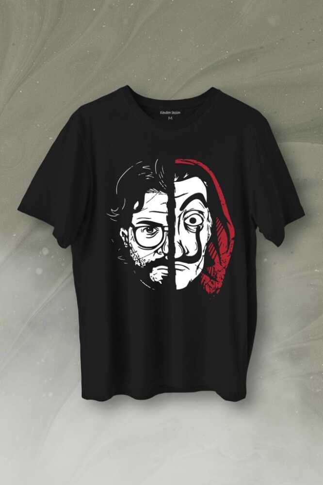 La Casa De Papel Profesör Professor Dali Mask Yarım Yüz Half Face Baskılı Tişört Unisex