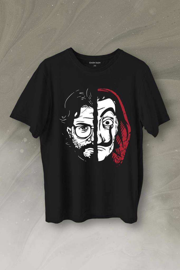 La Casa De Papel Profesör Professor Dali Mask Yarım Yüz Half Face Baskılı Tişört Unisex