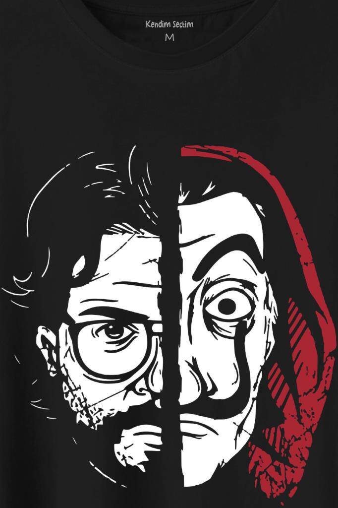 La Casa De Papel Profesör Professor Dali Mask Yarım Yüz Half Face Baskılı Tişört Unisex (1)