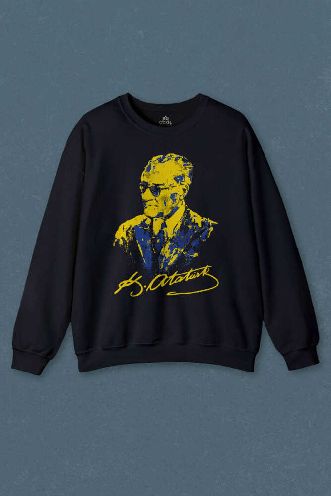 Lacivert Sweatshirt Atatürk Sarı Lacivert Baskılı Unisex Sweat