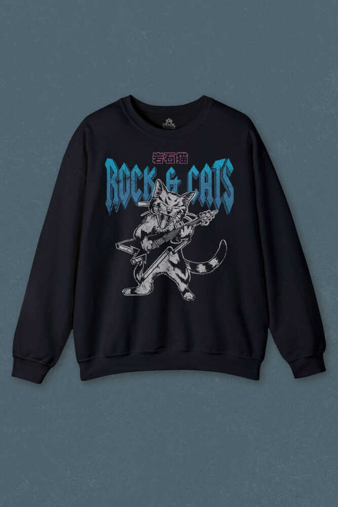 Lacivert Sweatshirt Meowtallica Rock Cat Metallica Gitar Kedi Baskılı Unisex Sweat