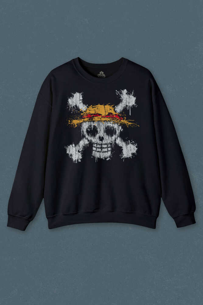 Lacivert Sweatshirt Şapkalı One Piece Anime Baskılı Unisex Sweat