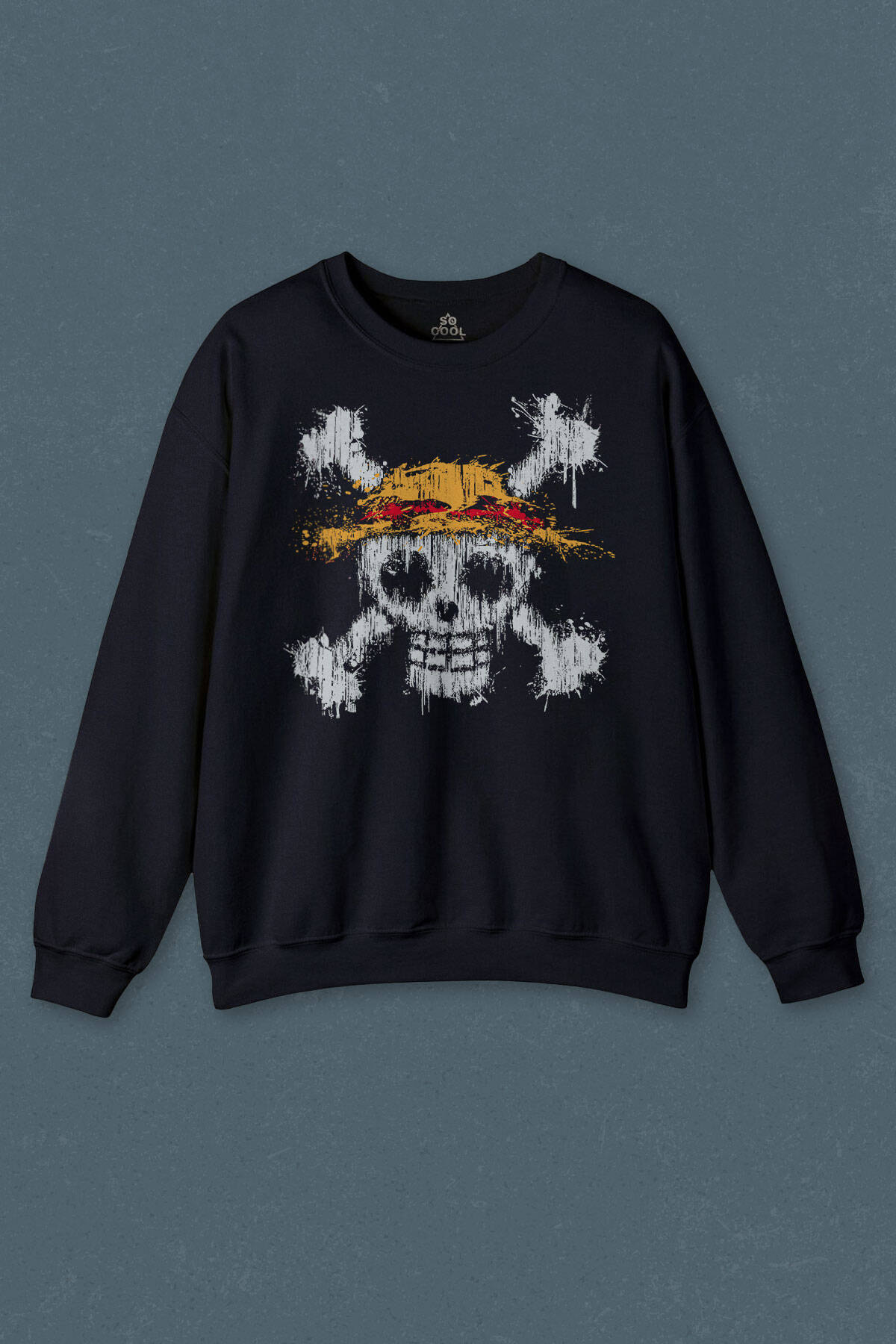 Lacivert Sweatshirt Şapkalı One Piece Anime Baskılı Unisex Sweat