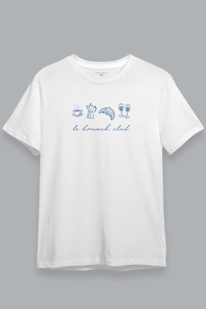 Le Brunch Club Croissant Kahve Wine Minimal Tasarım Kısa Kollu Beyaz Unisex Tişört